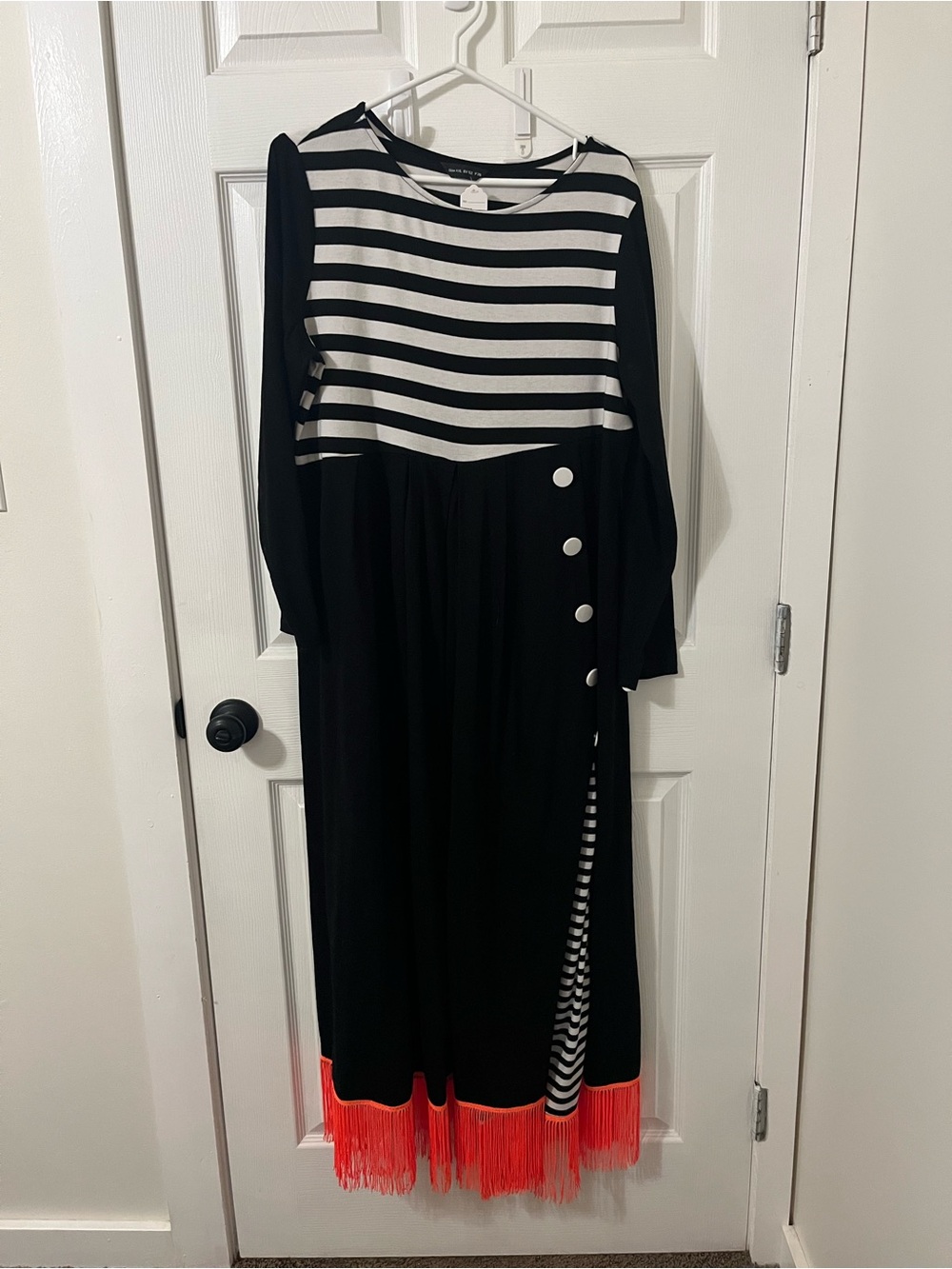 Vintage-Inspired Black & White Striped Maxi Dress with Neon Orange Fringe